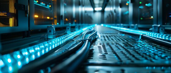 Rows of cables in a dark room with blue lighting. AI.
