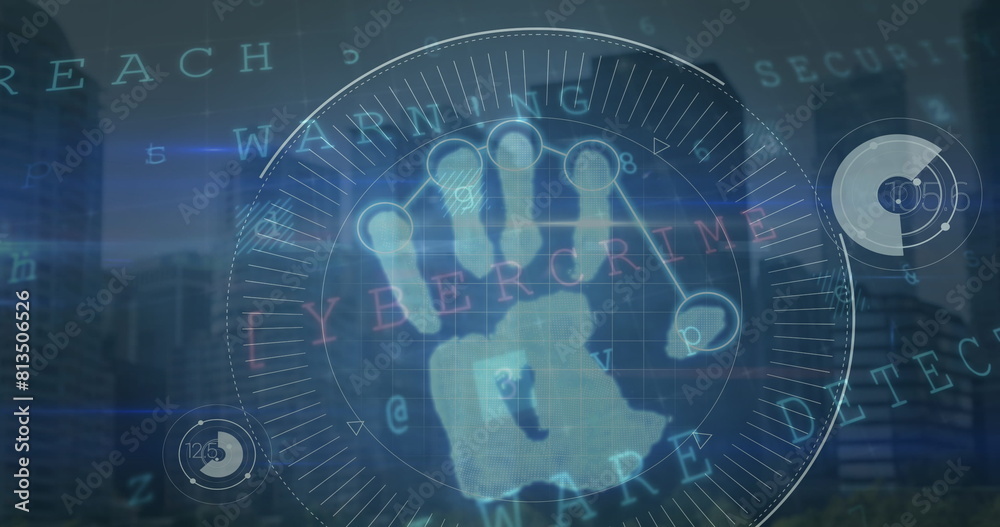 Poster image of digital key and binary code over hands of caucasian businessman using touchscreen