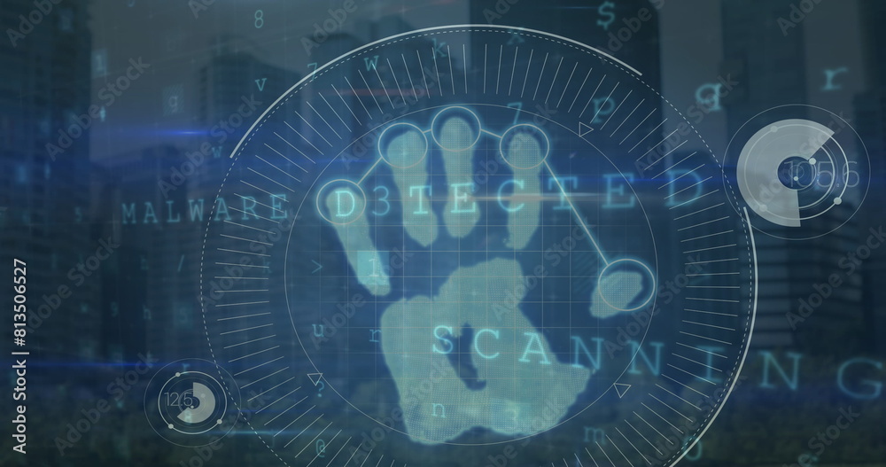 Poster image of digital key and binary code over hands of caucasian businessman using touchscreen