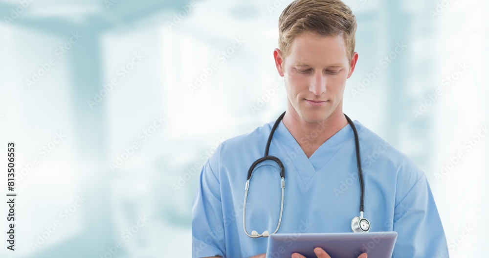 Wall mural Composition of smiling female doctor in lab coat with stethoscope with medical data processing