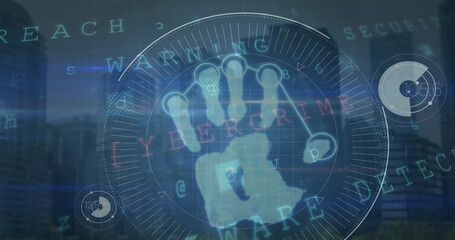 Image of digital key and binary code over hands of caucasian businessman using touchscreen