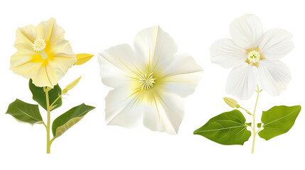Fototapeta premium Set of night-blooming flowers including moonflower, night-blooming jasmine, and evening primrose, isolated on transparent background