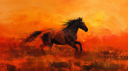 Majestic Horse Galloping Through Fiery Red Sunset Landscape