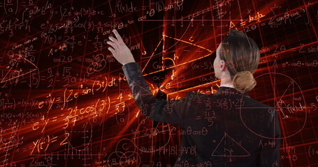 Image of mathematical equations over digital model of human brain on black background