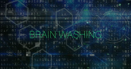 Image of brainwashing text in green over padlock, motherboard and data processing, on black