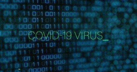 Image of covid 19 virus text in green and interference over binary data processing