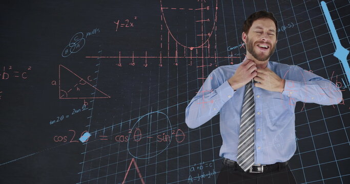 Image of mathematical equations over grid network against caucasian businessman removing his tie - Powered by Adobe