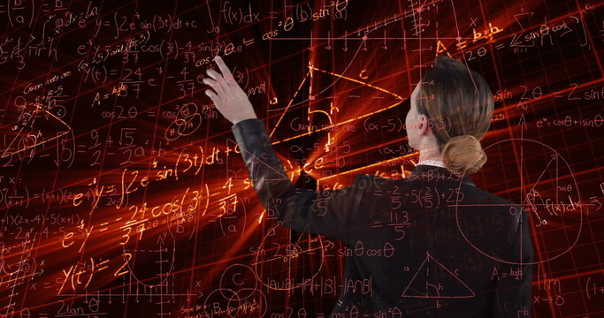 Image of mathematical equations over digital model of human brain on black background