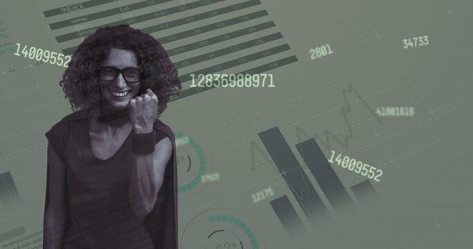 Image of data processing over biracial woman