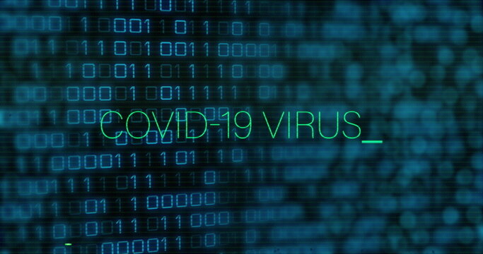 Image of covid 19 virus text in green and interference over binary data processing - Powered by Adobe