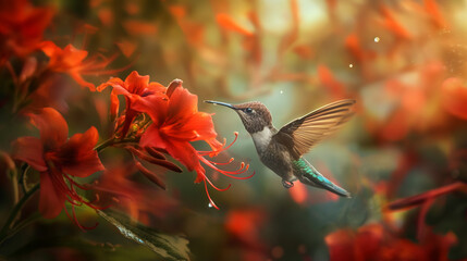 Hummingbird Feeding on Nectar from Vibrant Red Flower in Sunlit Garden