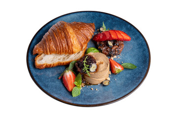 Freshly Baked Croissant with Liver Pate, Gourmet Appetizer on White Background
