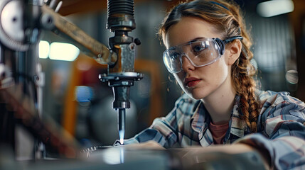 Confident female worker operating high-tech machinery in a modern manufacturing