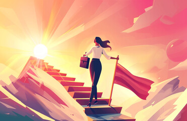 
vector illustration of a business woman with a briefcase climbing the stairs, a red flag at the top step. "Dav