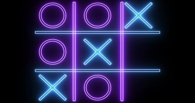 4K blue and pink Tic Tac Toe game icon on a black background. Glowing neon line Tic Tac Toe X-O game icon on a black background. Technology video material animation. Easy to use in any video.