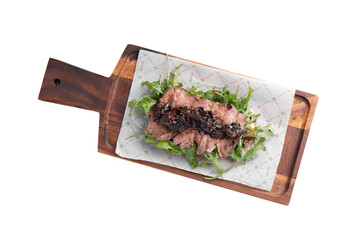 Roast Beef Bruschetta on Wooden Board on White Background
