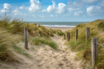 Fototapeta premium A path with many tracks, delimited by wooden posts on the sand dune with wild grass and beach in Noordwijk on the North Sea