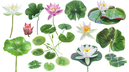 Set of aquatic flowers including water lilies, lotus, and papyrus blooms, isolated on transparent background