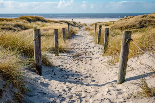 A path with many tracks, delimited by wooden posts on the sand dune with wild grass and beach in Noordwijk on the North Sea 