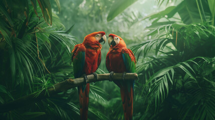 Pair of Scarlet Macaws Perched on Branch in Lush Tropical Rainforest