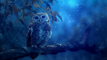 Mystical Owl Perched on a Branch Under Starry Night Sky