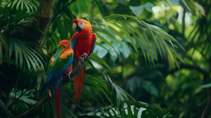 Pair of Scarlet Macaws Perched on Branch in Lush Tropical Rainforest