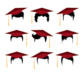 Set of black hair silhouettes with red graduation caps. Jpeg modern haircuts with education student caps for men or women, isolated on white