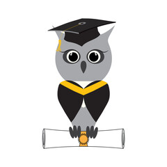 Owl in a graduate hat, master cap holds a graduate certificate, paper roll, scroll document, diploma in paws. Jpeg owl character in professors or teachers mortar