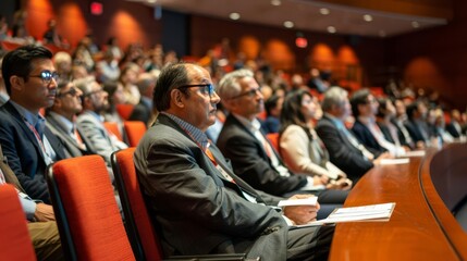 Wideangle view of the conference hall during a business and entrepreneurship symposium, showcasing the diverse audience eager to gain knowledge and insights