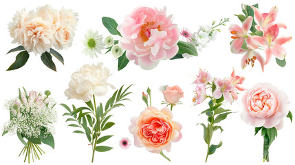 Set of wedding floral arrangements including peonies, garden roses, and lilies, isolated on transparent background