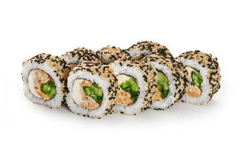 Baked tuna sushi rolls coated with sesame seeds on white