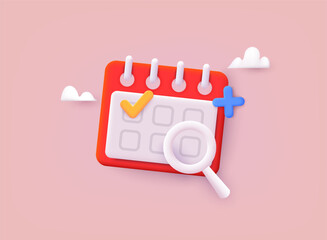 Calendar icon with check and magnifying glass  sign. 3D Web Vector Illustrations.