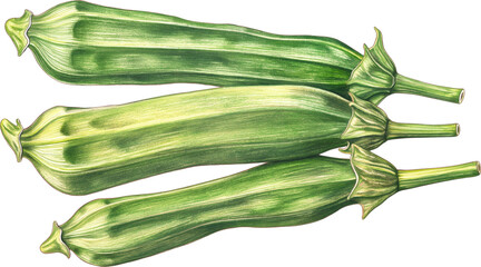 A colored pencil vintage illustration of a realistic okra on a stem with a transparent background.