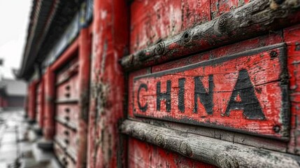 Fototapeta premium Aged Red Wooden Wall with Bold 'CHINA' Text in a Historic Setting
