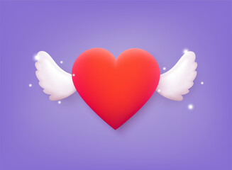 Red heart with wings, Celebration and Happy Valentine's Day. 3D Web Vector Illustrations.