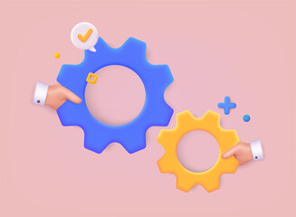 Hand holding cogwheels. Concepts for business analysis and planning, consulting, team work. 3D Web Vector Illustrations.