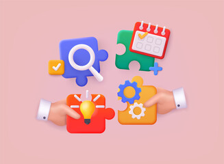 3D jigsaw puzzle pieces symbol of teamwork. Can use for web banner, infographics, hero images. 3D Web Vector Illustrations.