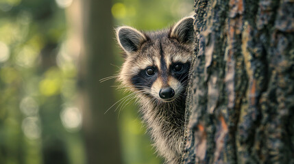 Curious Raccoon Peeking from Behind a Tree in a Verdant Forest