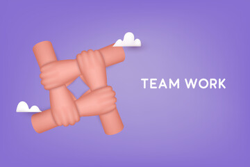 Hand united together 3d style design. Support each other, concept of teamwork. 3D Web Vector Illustrations.