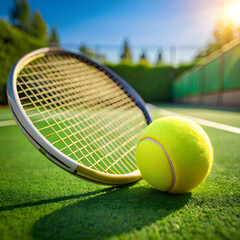 Tennis racket and ball on green grass, closeup. Sports equipment