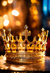 golden beautiful crown on a shiny background. Selective focus.