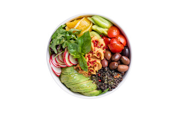 Vegetarian Poke Bowl, Bowl with Avocado, Hummus, Quinoa and Fresh Vegetables on White Background