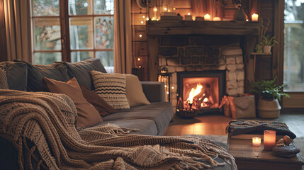 Cozy living room with fireplace, comfortable couch with warm blanket 