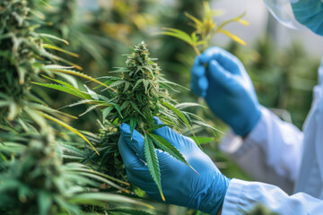 A scientist in blue gloves holds and studies cannabis buds. Creation of medical preparations from cannabis. The cultivation of high-quality marijuana for the production of oil.