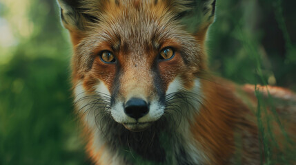 Intense Fox Staring Directly with Vivid Green Forest Background