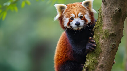 Playful Red Panda Climbing a Tree in a Lush Green Forest
