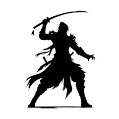 Fototapeta premium Silhouette of an Asian warrior wearing an ancient warrior's uniform, drawing a sword and doing a fighting pose.