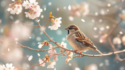 Delicate Sparrow Perched on Blossoming Branch in Spring with Sunlit Petals