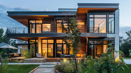 Modern cubic house with an architectural focus on sustainability, featuring reclaimed wood and energy-efficient systems.