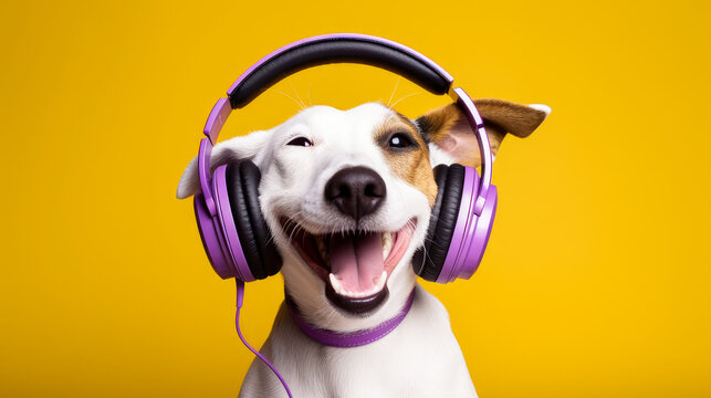 Happy, contented dog listens to music on headphones while on vacation or relaxing on a yellow background. Advertising holidays for animals, music store, pet store, modern training and courses.